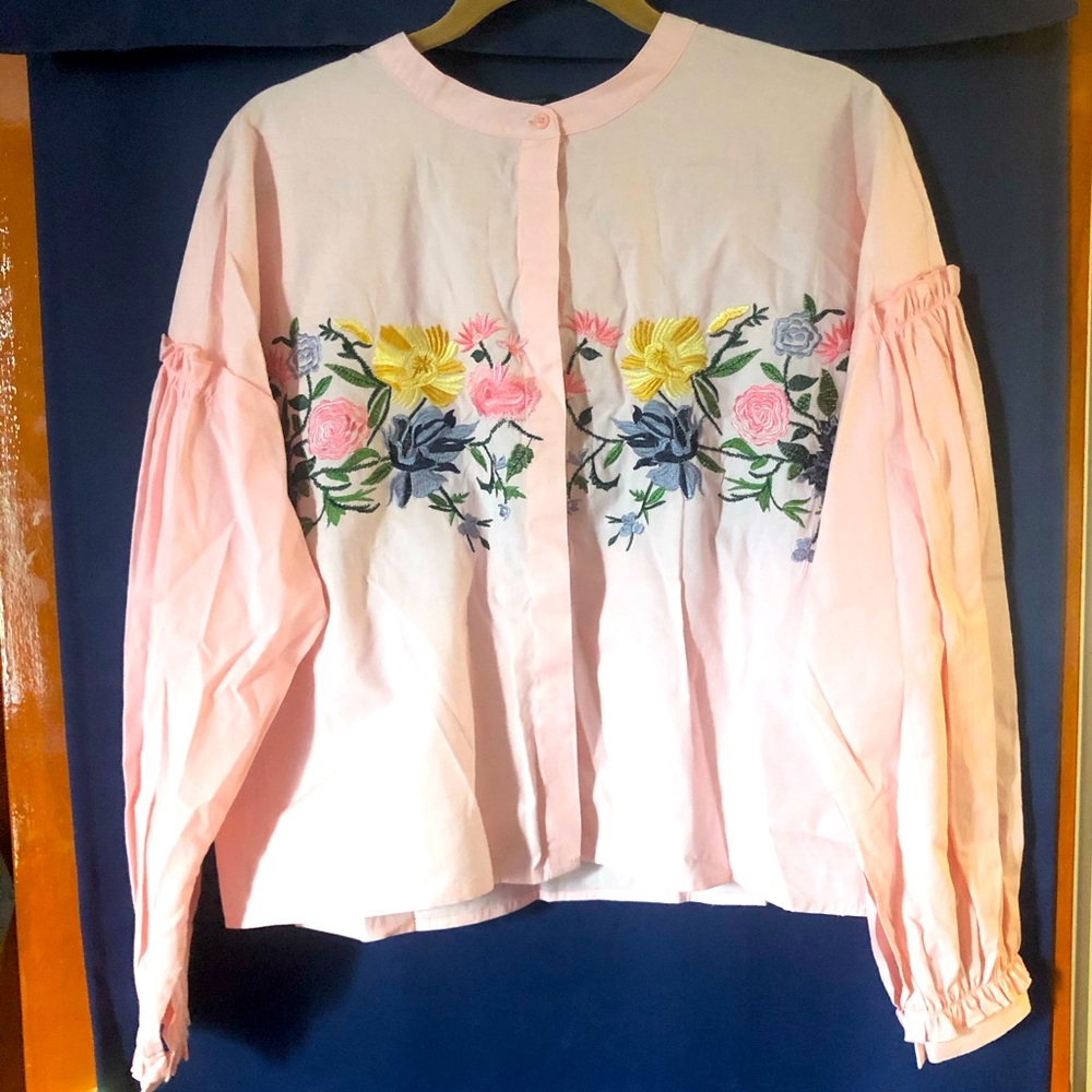NWT, Vertigo Pink Embroidered Bubble Blouse L